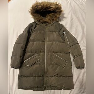 Zara girls dark green puffer with fur hood